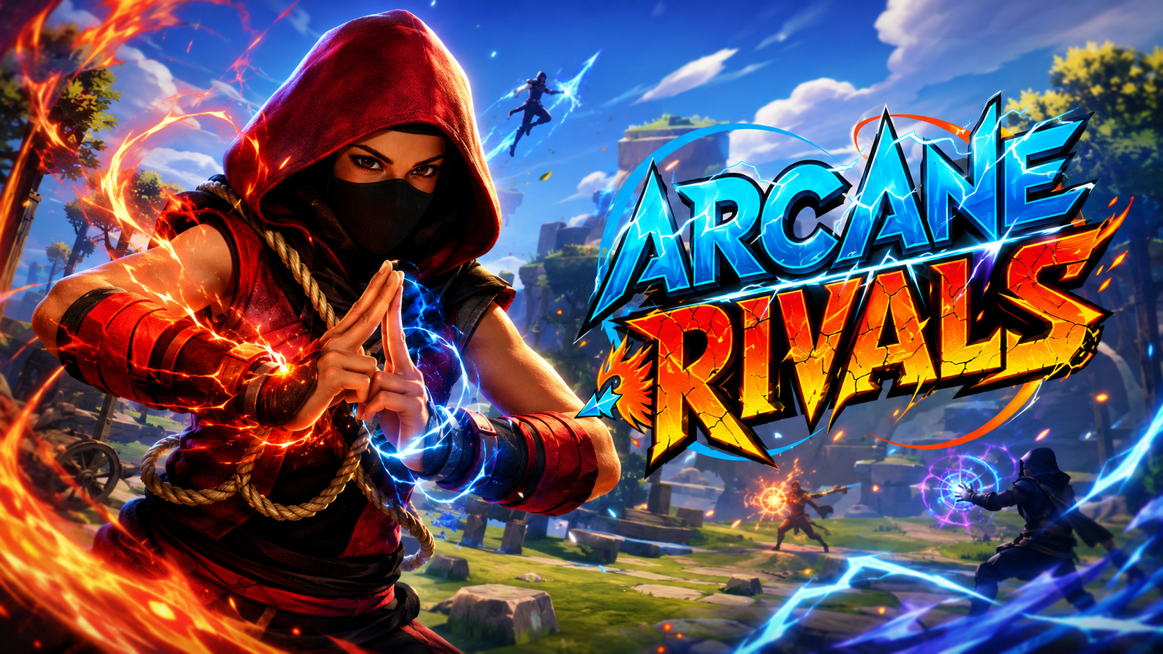 Arcane Rivals cover art with rival spellcasters and elemental magic