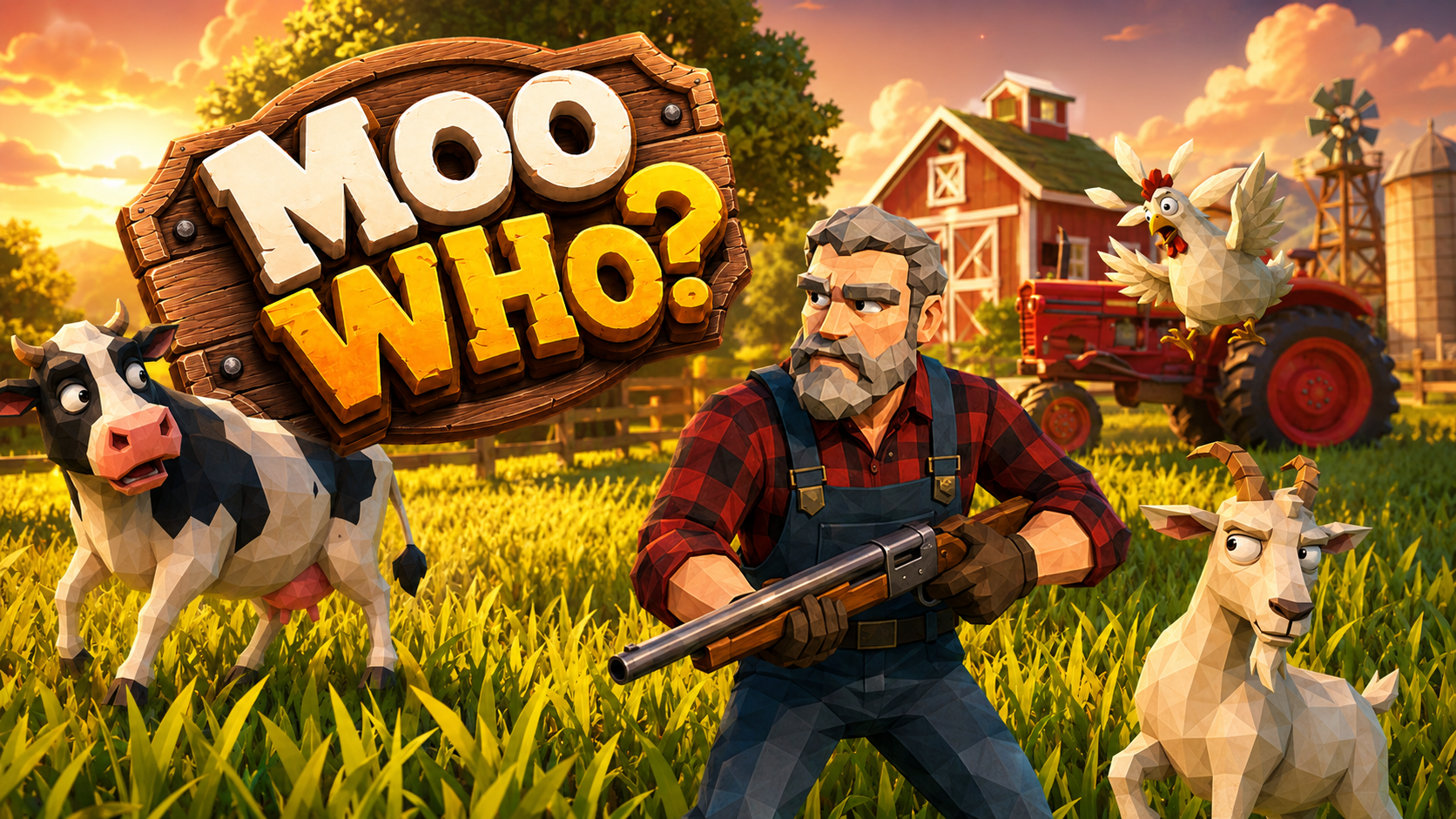 Moo Who? farmer with a shotgun facing off against a cow and goat at a sunset farm